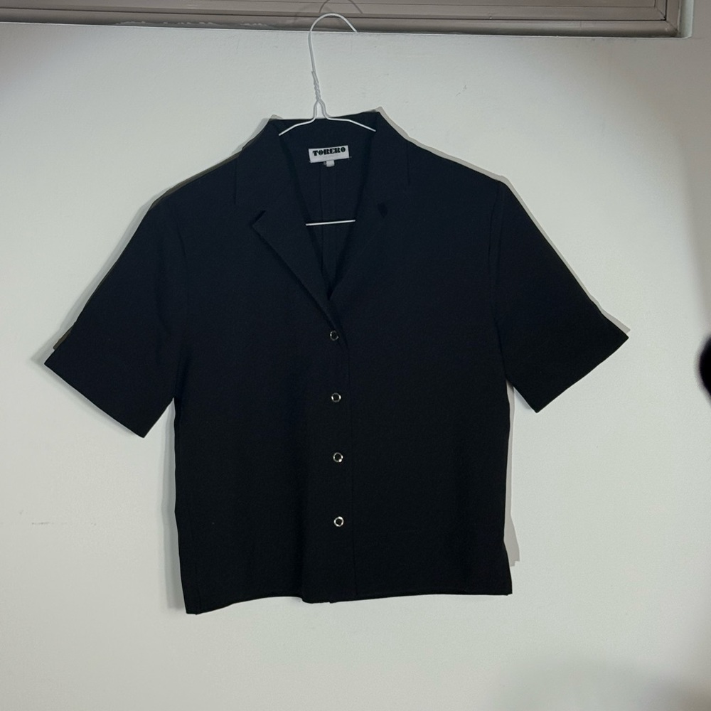 Classic Black Button-Up Shirt with Shoulder Pads